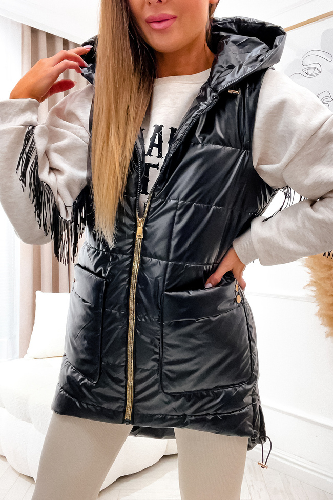 KAMIZELKA ASYMETRYCZNA ZE ZŁOTYMI DODATKAMI- CZARNA