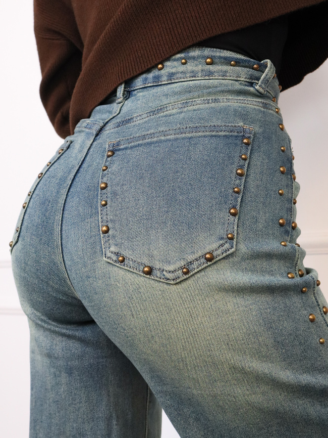 SPODNIE JEANSOWE Z SZEROKIMI NOGAWKAMI I OZDOBNYMI DŻETAMI- GRANATOWE