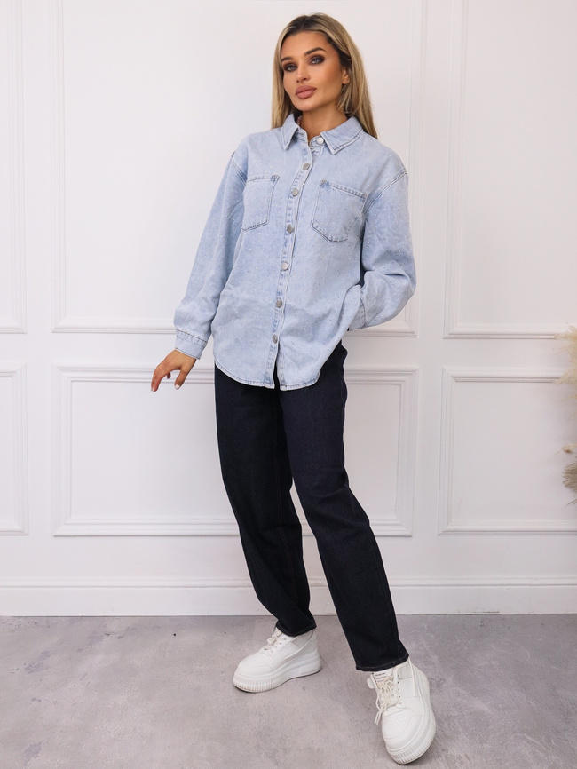 KOSZULA JENASOWA ZDOBIONA CYRKONIAMI- JASNY NIEBIESKI