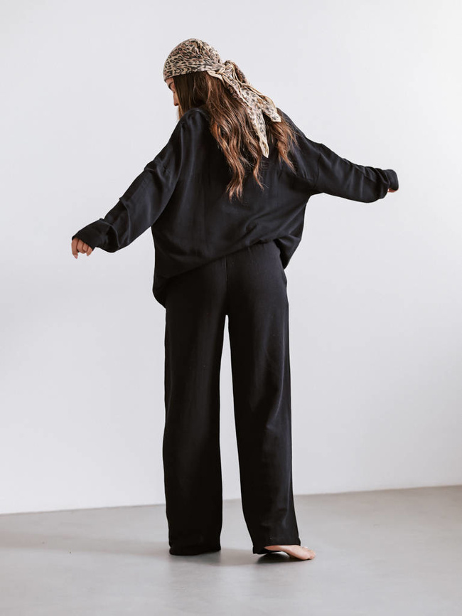 LNIANY KOMPLET KOSZULA+ SPODNIE- CZARNY