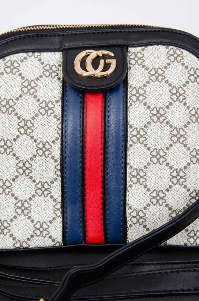 Wzorzysta torebka z czerwono-granatowym paskiem na przodzie