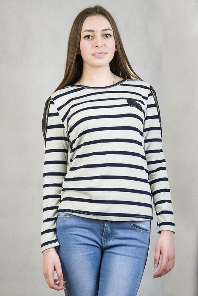 Szaro-granatowa bluzka w paski z czarnym serduszkiem w cekiny