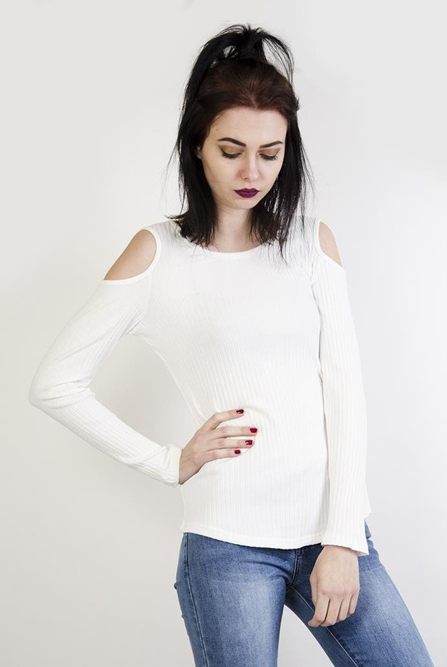 Biała prążkowana bluzka z wycięciami na ramionach