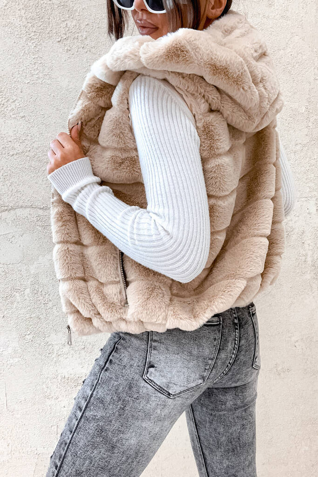 BEŻOWA FUTRZANA KAMIZELKA - BEZRĘKAWNIK