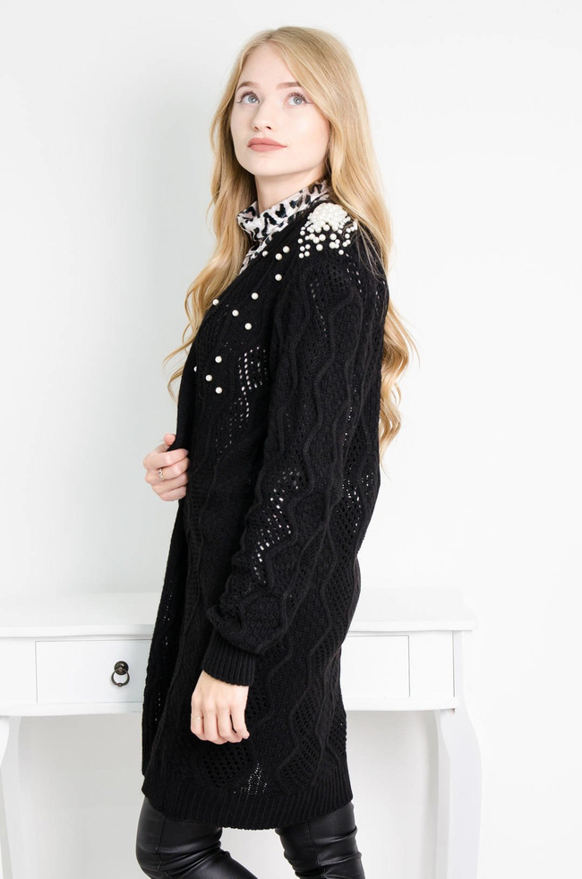 CZARNY DŁUGI SWETER Z PEREŁKAMI
