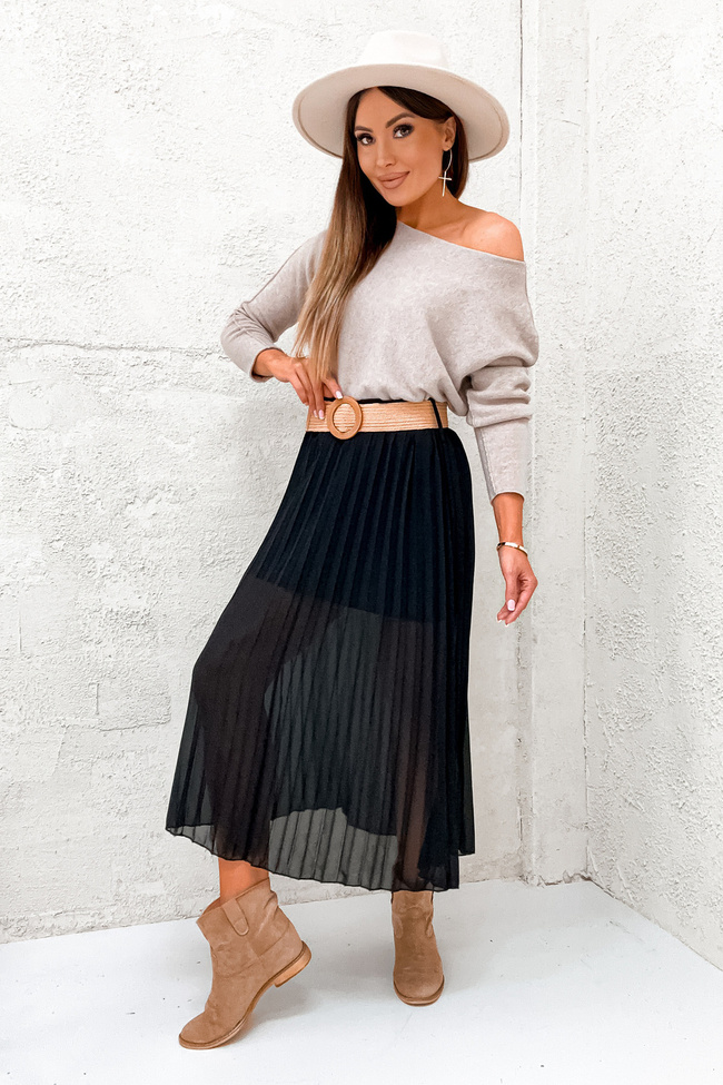 SPÓDNICA MIDI PLISOWANA Z PASKIEM- CZARNA