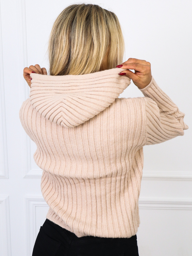 DZIANINOWA BLUZA W PRĄŻEK Z KAPUREM NA SUWAK- BRĄZOWA