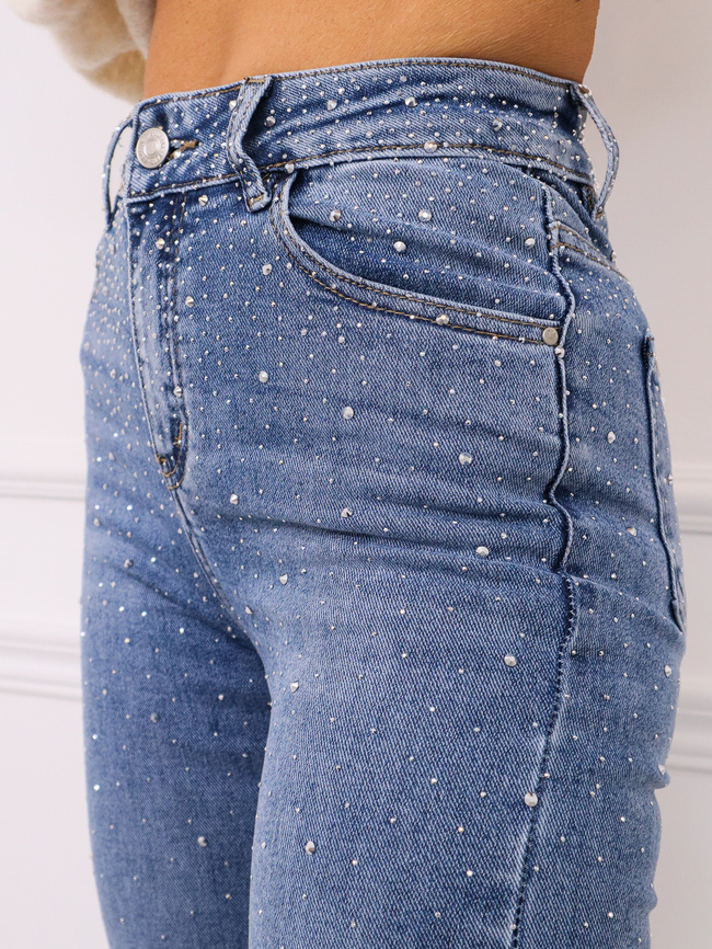 SPODNIE JEANSOWE SKINNY ZDOBIONE CYRKONIAMI- NIEBIESKIE