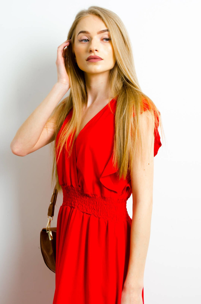 DŁUGA CZERWONA SUKIENKA Z KOPERTOWYM DEKOLTEM