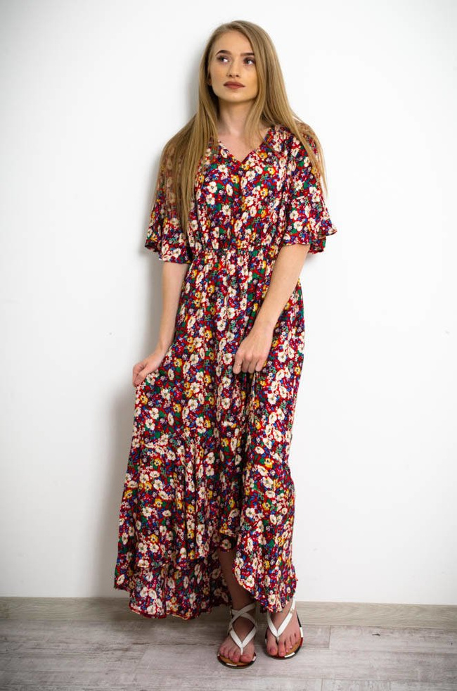 CZERWONA ASYMETRYCZNA SUKIENKA W KWIATY