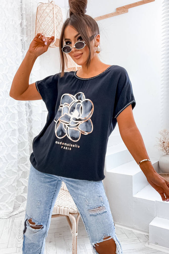 BLUZKA ONE SIZE ZE ZŁOTYM KWIATEM I OZDOBNA LAMÓWKĄ- CZARNA