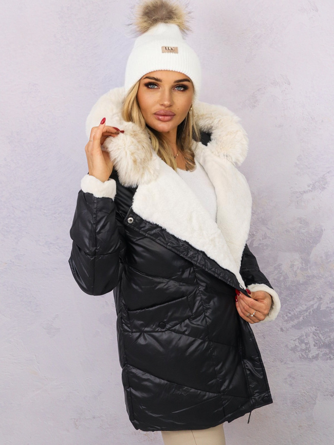 KURTKA PIKOWANA PUCHOWA Z FUTERKIEM NA RĘKAWACH- CZARNA