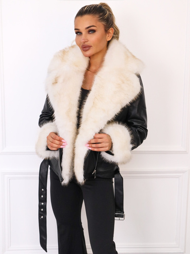 KURTKA Z IMITACJI SKÓRY OCIEPLANA Z FUTREM- CZARNA