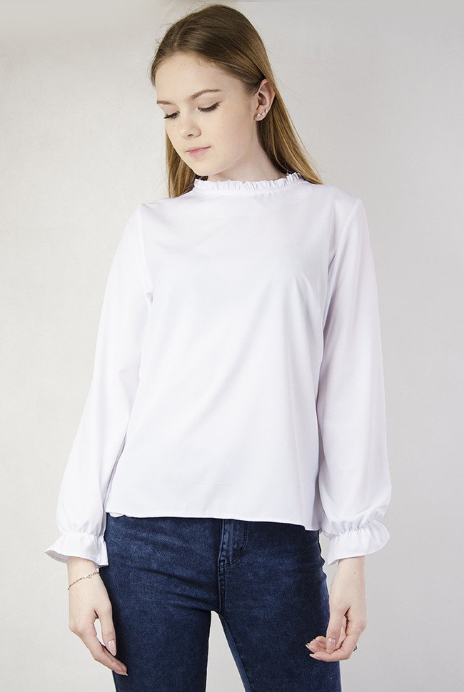 Biała bluzka z falbanką przy szyi