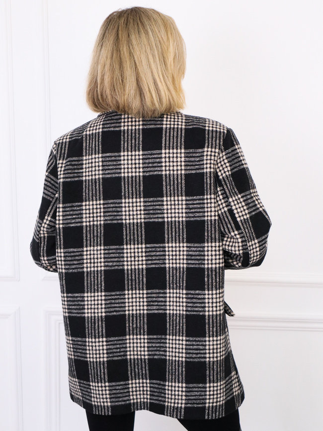 PŁASZCZ MARYNARKA ZAPINANY NA GUZIKI W KRATĘ- CZARNY