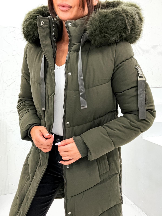 DŁUGA KURTKA Z ZAMKAMI PO BOKACH I FUTRZANYM KAPTUREM- KHAKI