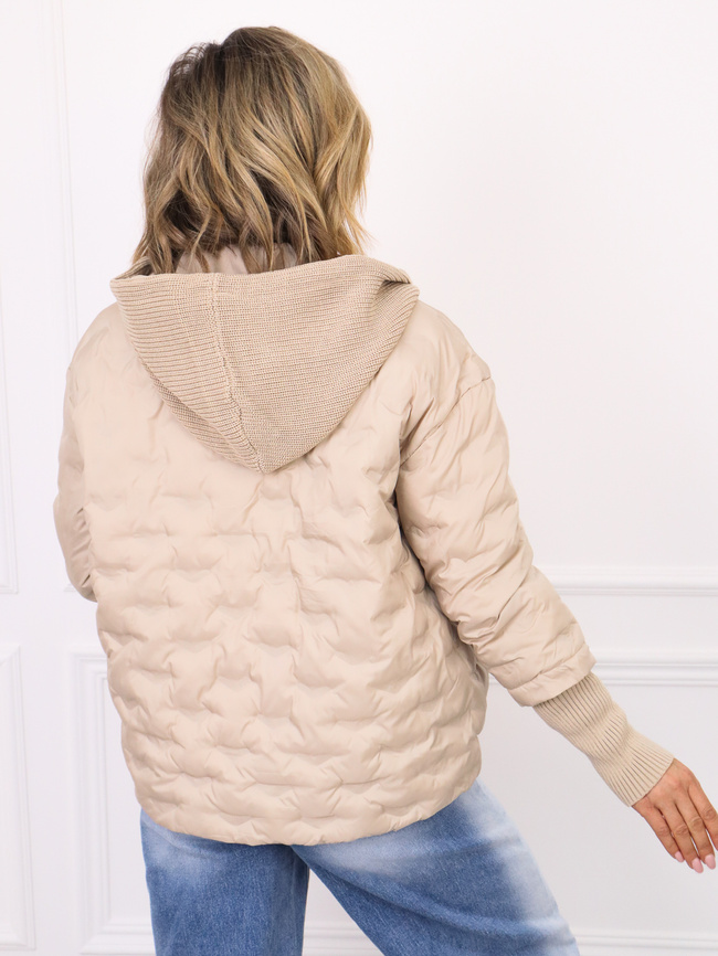 KURTKA PRZEJŚCIOWA ASYMETRYCZNA Z DZIANINOWYM KAPTUREM I ŚCIĄGACZAMI- BEŻOWA
