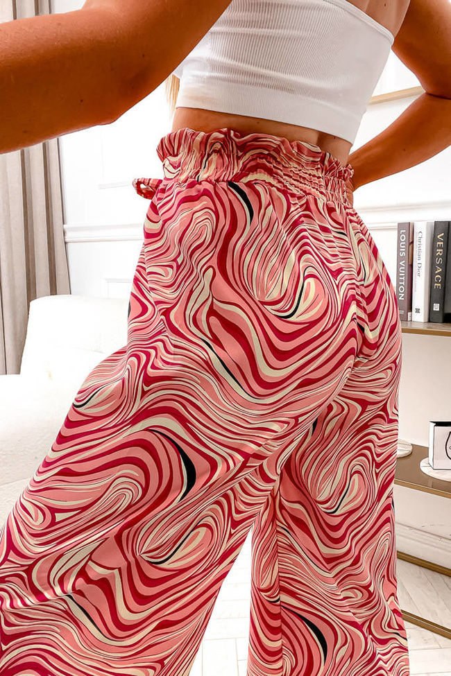 WZORZYSTE SZEROKIE SPODNIE Z WIĄZANIEM W PASIE- RÓŻOWE