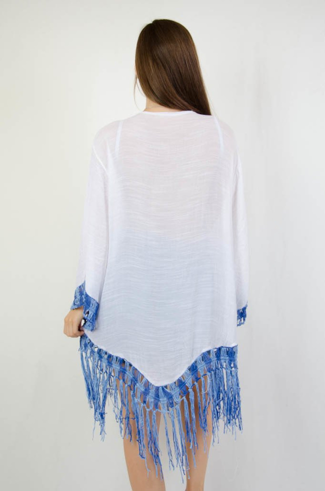 BIAŁA TUNIKA W STYLU BOHO Z NIEBIESKIMI ELEMENTAMI