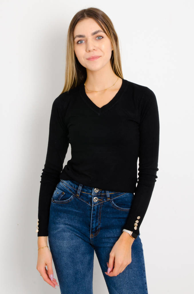 SWETER Z OZDOBNYMI GUZIKAMI Z DEKOLTEM W SEREK- CZARNY