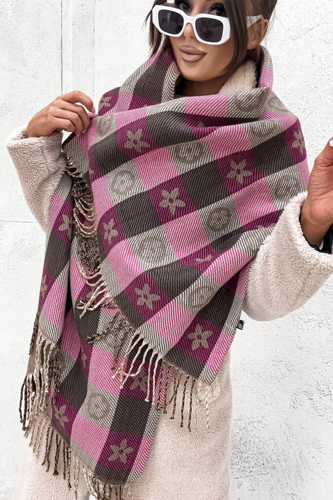 SZAL W KRATE Z MOTYWEM KWIATA Z FRĘDZLAMI- CIEMNY RÓŻ