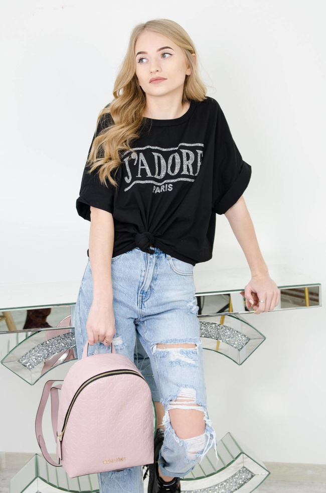 CZARNA BLUZKA OVERSIZE Z NAPISEM J'ADORE PARIS