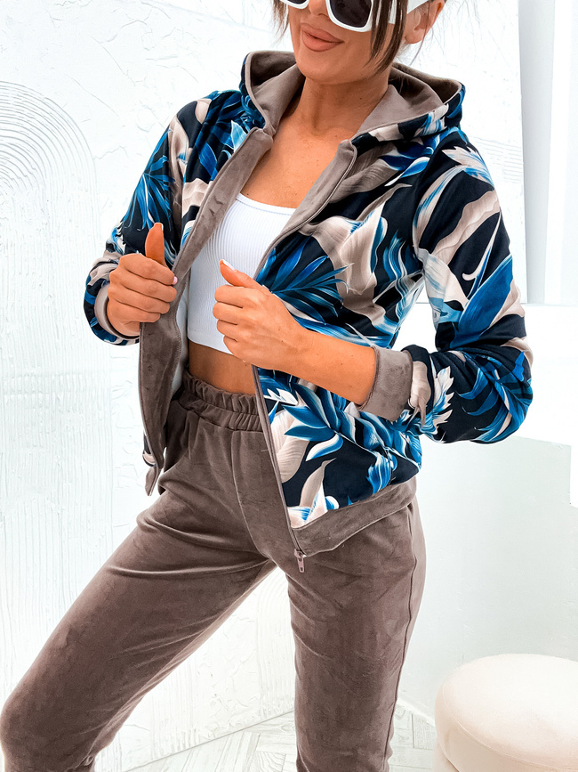 WELUROWY KOMPLET DRESOWY BLUZA W LIŚCIE+ SPODNIE- CAPPUCCINO