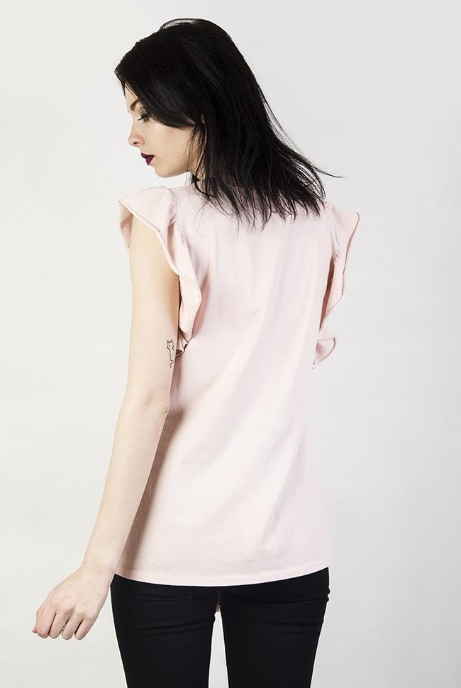 Jasnoróżowa bluzka z kieszonką i falbankami