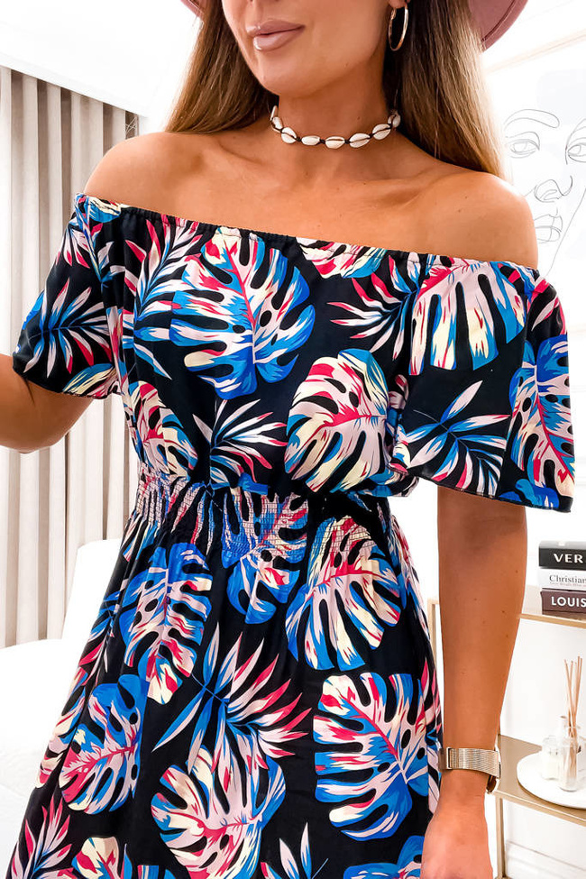 CZARNA SUKIENKA HISZPANKA MIDI Z MOTYWEM LIŚCI I GUMĄ W PASIE