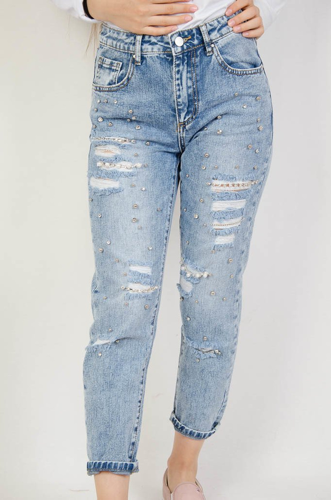 SPODNIE JEANSOWE TYPU BOYFRIEND Z CYRKONIAMI 
