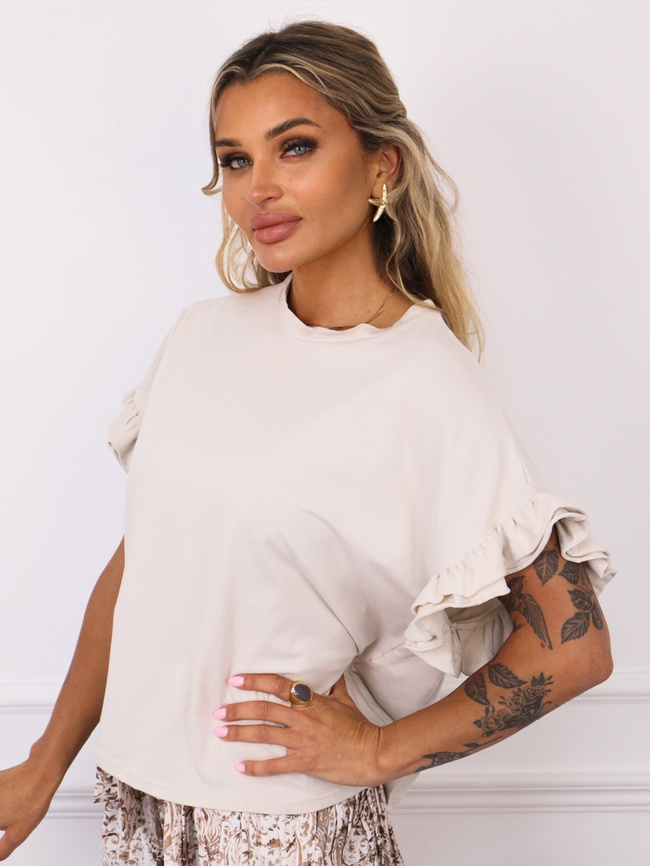 T-SHIRT OVERSIZE Z FALBANAMI NA RĘKAWACH- BEŻOWY