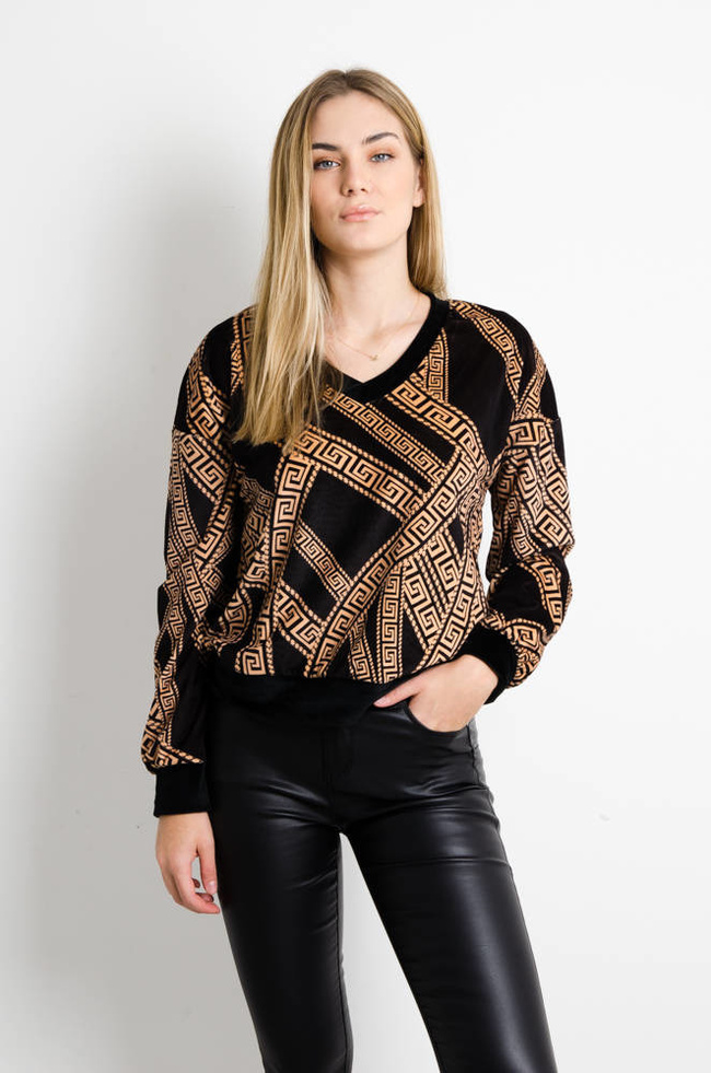CZARNA WELUROWA BLUZA ZE WZOREM