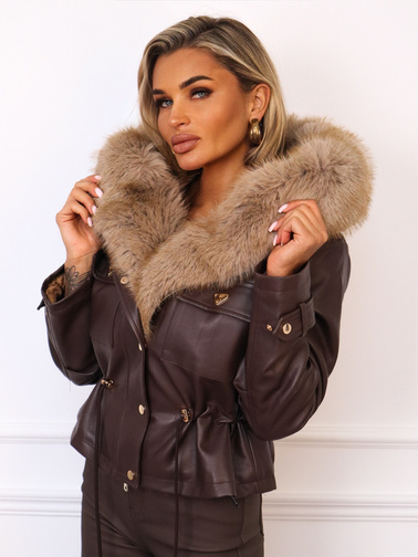 KURTKA Z EKOSKÓRY Z KIESZENIAMI I FUTERKIEM- BRĄZOWA