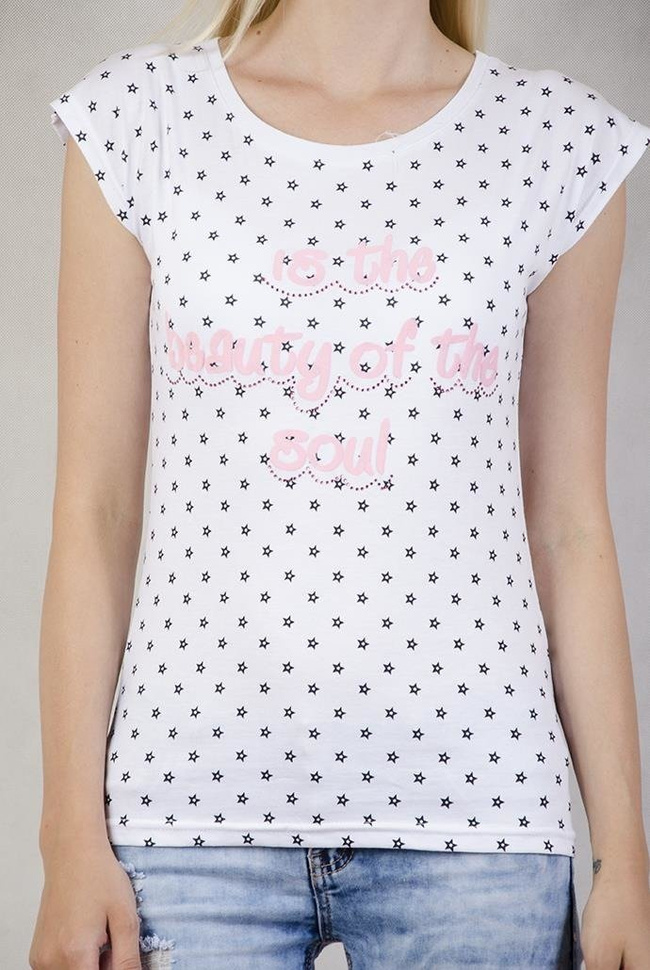 Biała bluzka w gwiazdki z różowym napisem