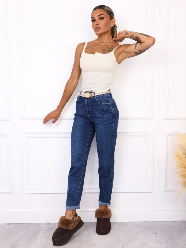 SPODNIE JEANSOWE MOM FIT Z PRZESZYCIAMI PUSH UP+ PASEK