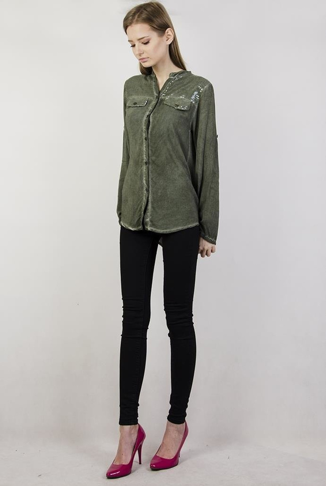 Koszula asymetryczna mgiełka khaki z cekinami