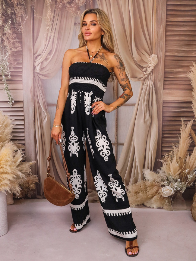 KOMBINEZON WZORZYSTY BEZ RAMIĄCZEK- CZARNY