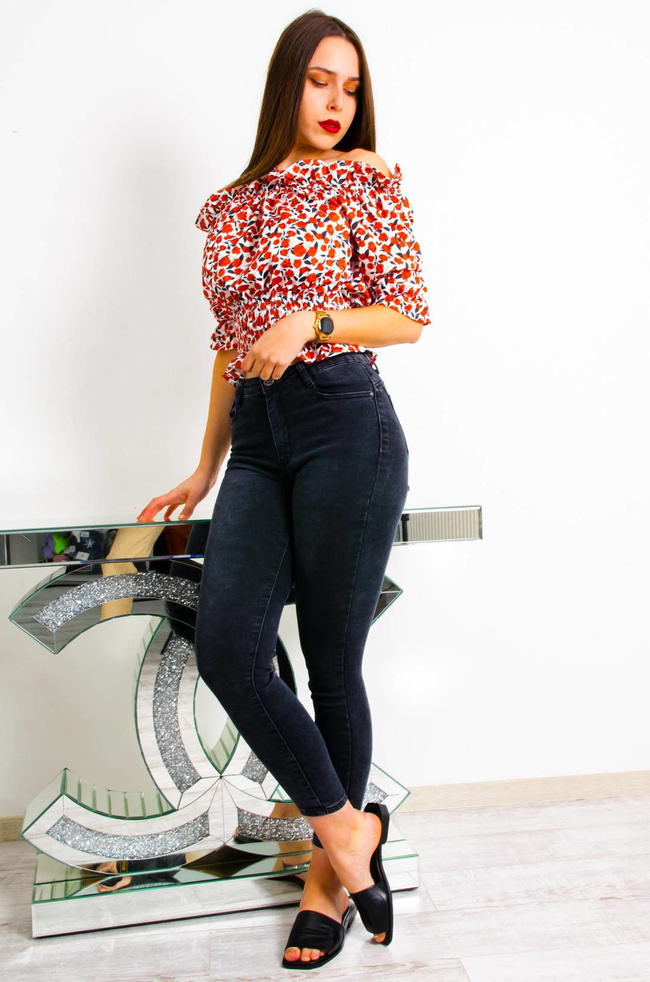 BIAŁA BLUZKA HISZPANKA W CZERWONE KWIATY