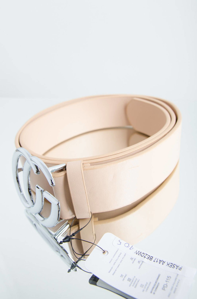 BEŻOWY SZEROKI PASEK ZE SREBRNĄ KLMARĄ CG 