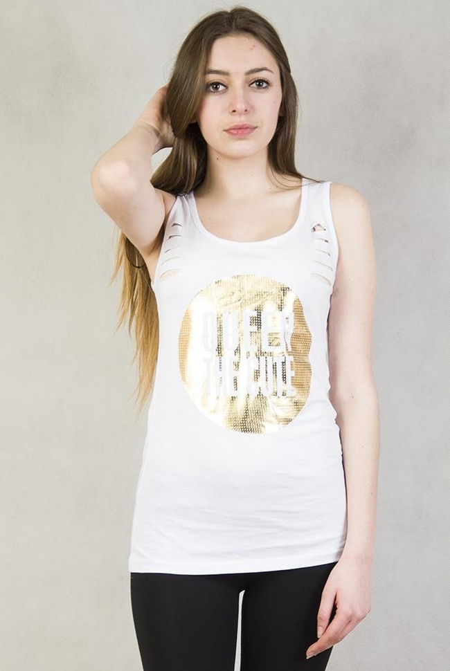 Biała bluzka na ramiączka z napisem "Queen the cute"