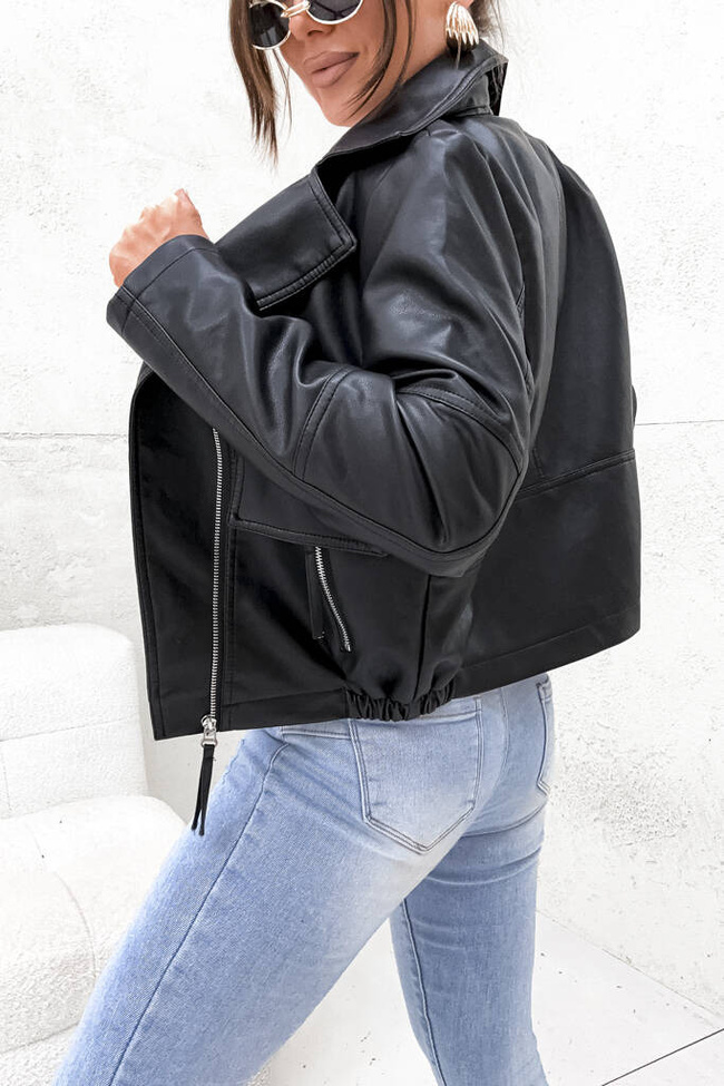 KURTKA Z IMITACJI SKÓRY RAMONESKA BOMBERKA- CZARNA