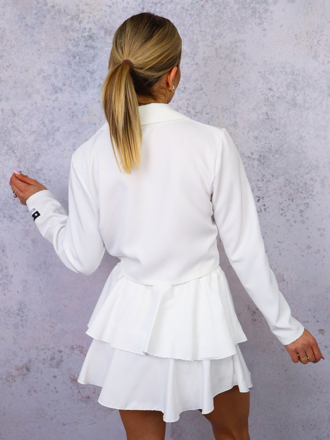 KOMPLET KRÓTKA MARYNARKA+ SPÓDNICO-SPODENKI Z FALBANAMI- BIAŁY