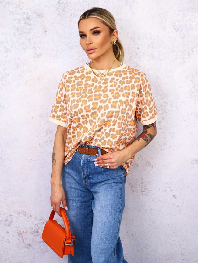 T-SHIRT W KOLOROWE CĘTKI- BEŻOWY