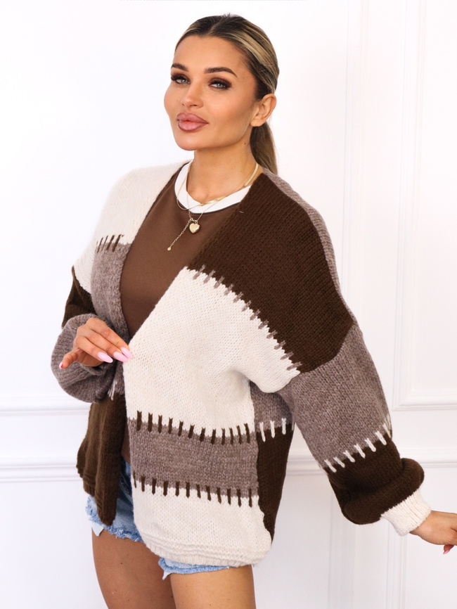 SWETER KARDIGAN Z ŁĄCZONYCH KOLORÓW Z DOMIESZKĄ WEŁNY- BEŻOWY