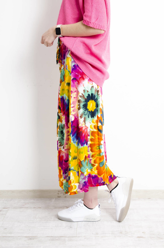 SPÓDNICA MAXI WZORZYSTA W KWIATY WIĄZANA W PASIE- POMARAŃCZOWA