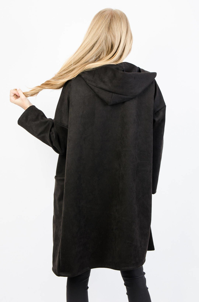 DŁUGA CZARNA NARZUTKA Z KAPTUREM