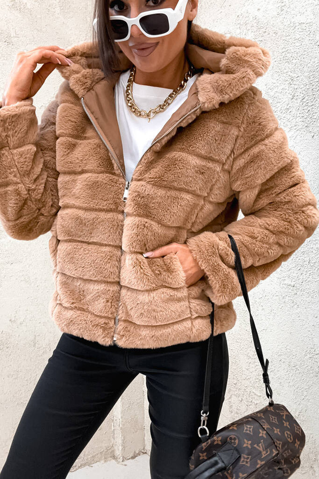 BRĄZOWA FUTRZANA KURTKA Z KAPTUREM