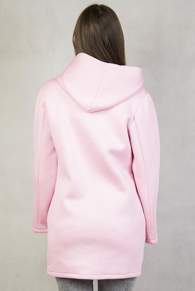 Jasno-różowa narzutka zapinana na zamek, z dwoma kieszeniami i kapturem