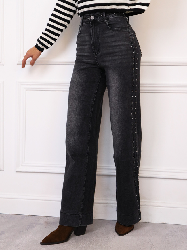 SPODNIE JEANSOWE Z SZEROKIMI NOGAWKAMI I OZDOBNYMI DŻETAMI- CIEMNOSZARE