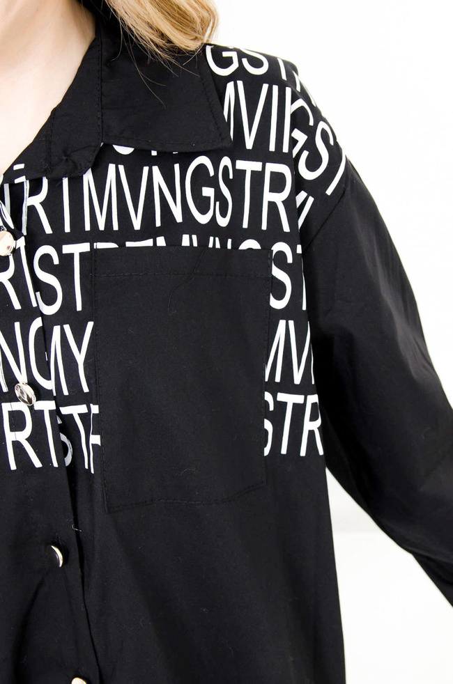 DŁUGA CZARNA BAWEŁNIANA KOSZULA Z NAPISAMI